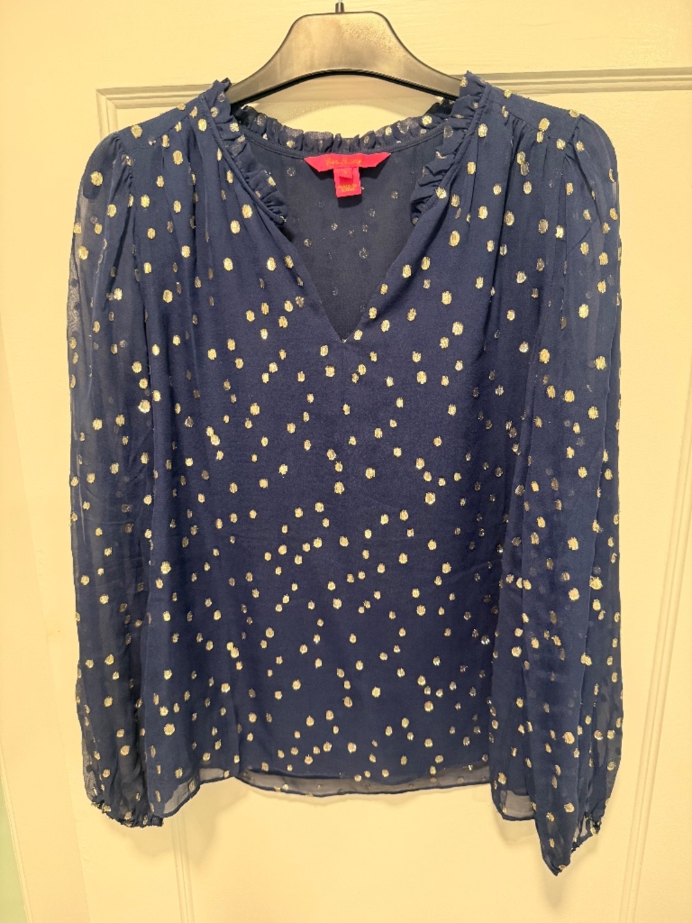 Lilly Pulitzer - Long Sleeve Silk Blouse - Navy w/Gold - Size S